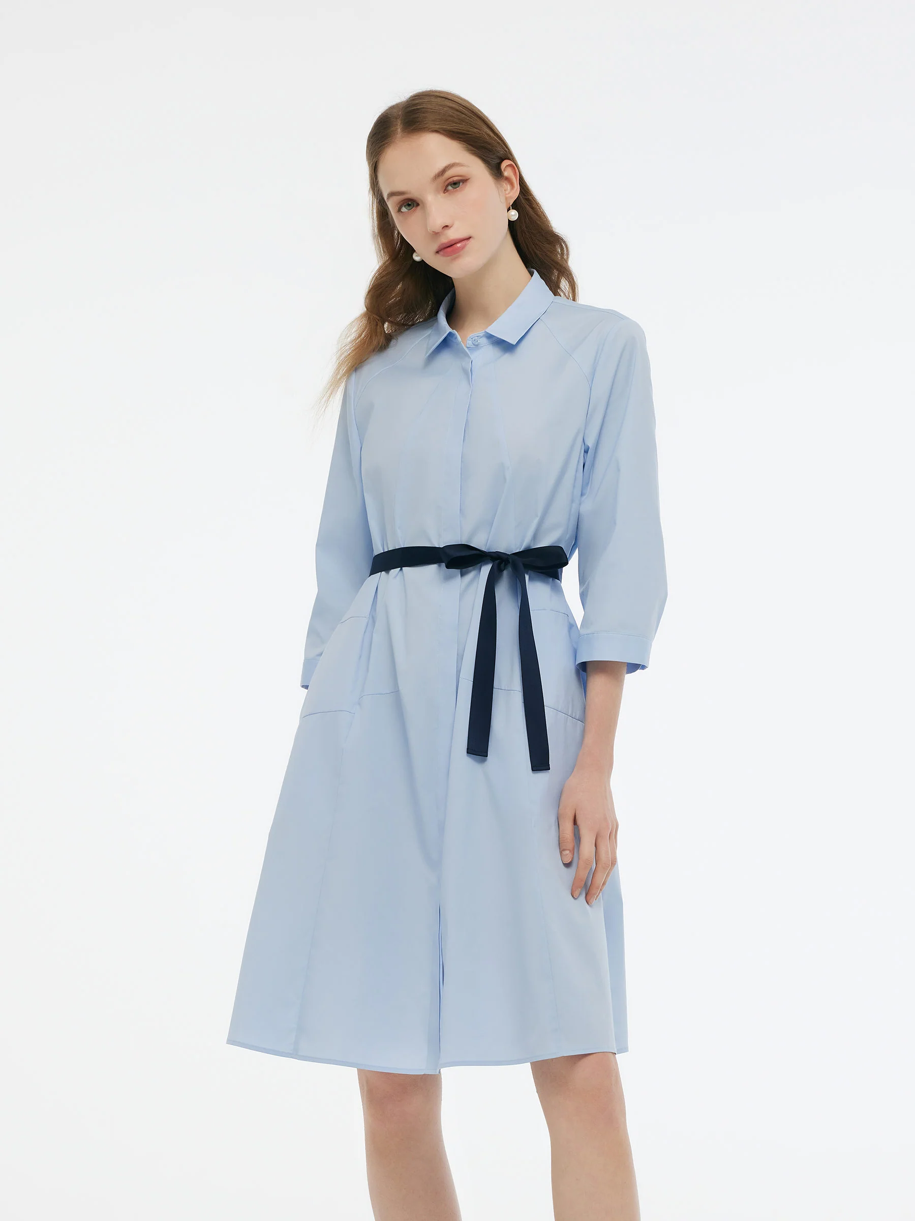 A-Line Button Up Women 3/4 Sleeve Shirt Midi Dress With Ribbon
