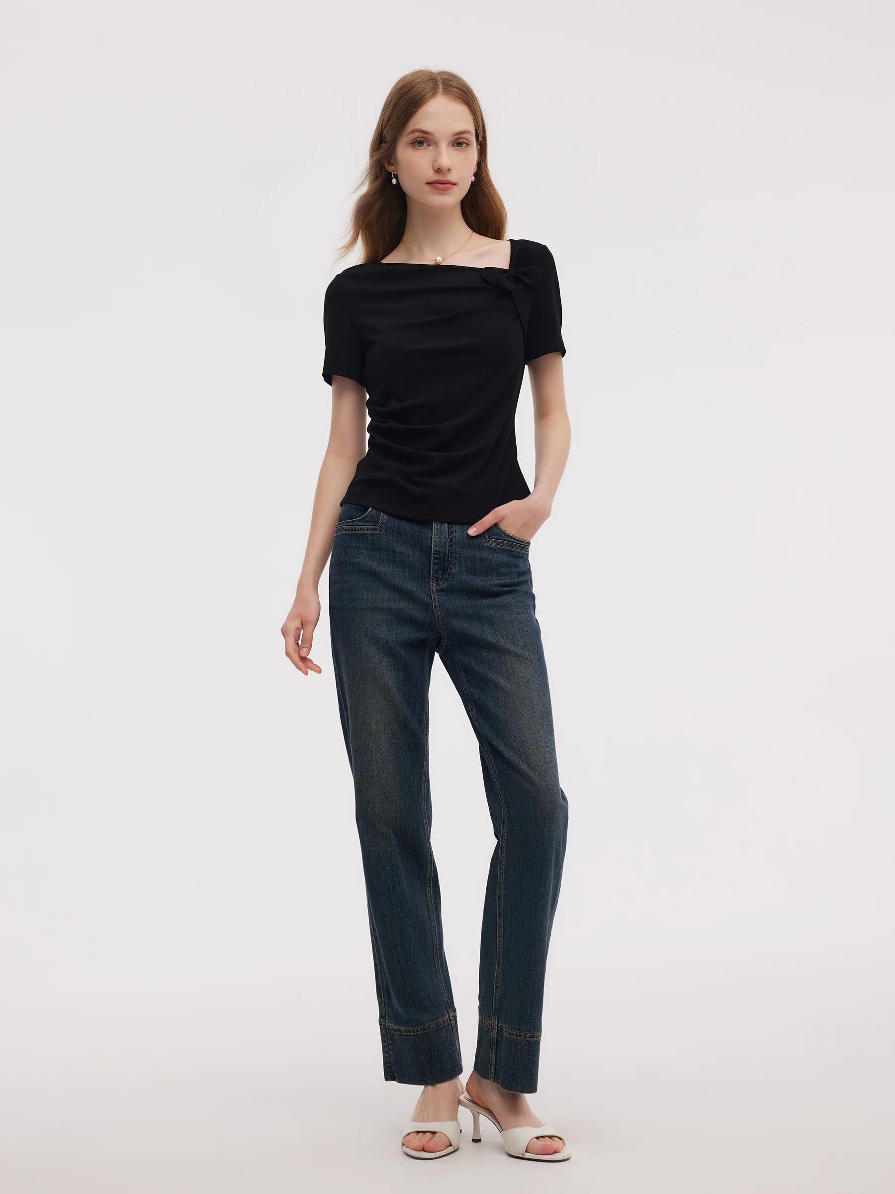 Acetate Blend Asymmetric Neckline Women T-Shirt - Image 2