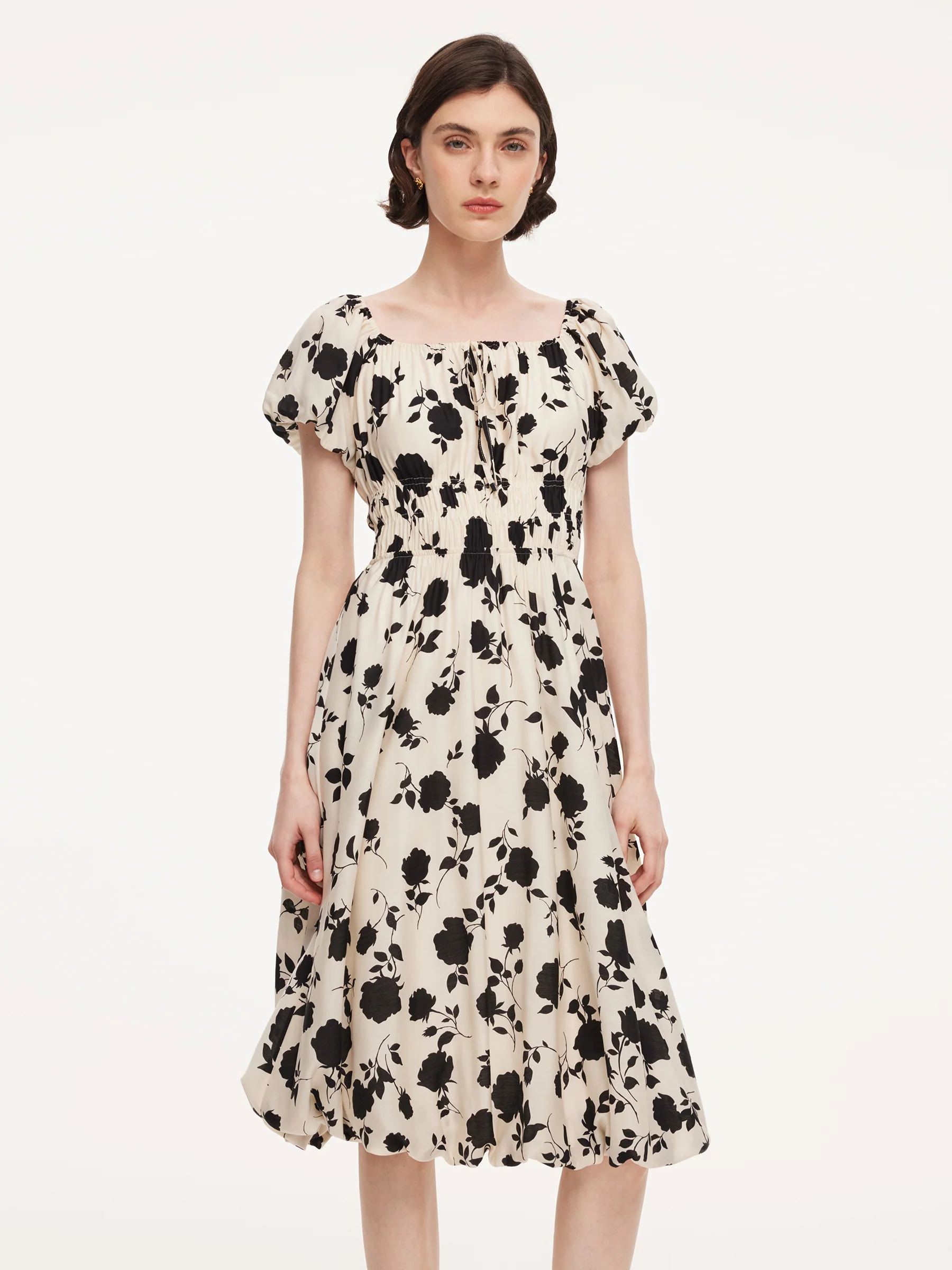Acetate Blend Floral Print Bubble Hem Women Midi Dress With Scrunchie