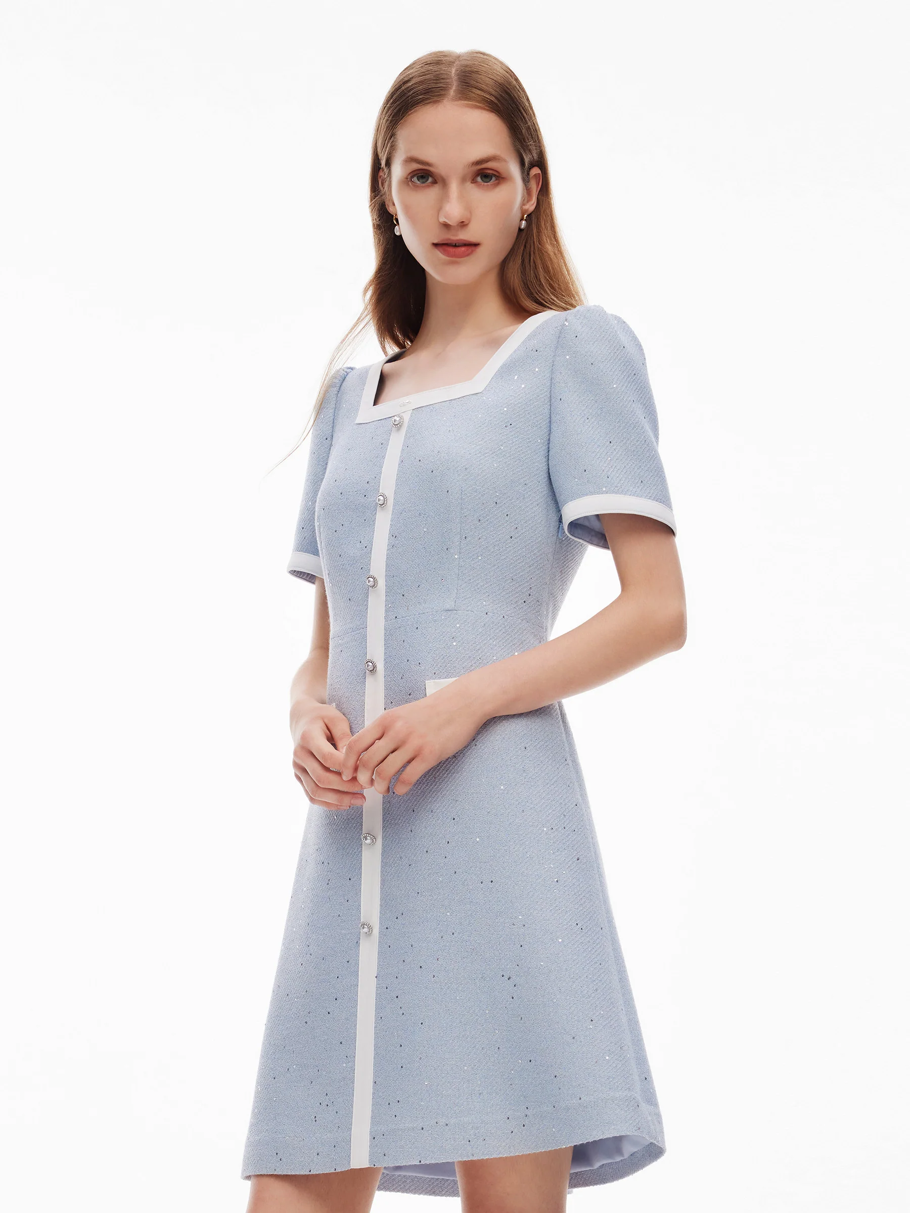 Acetate Blend Sequins Tweed Contrast Trim Women Mini Dress - Image 4