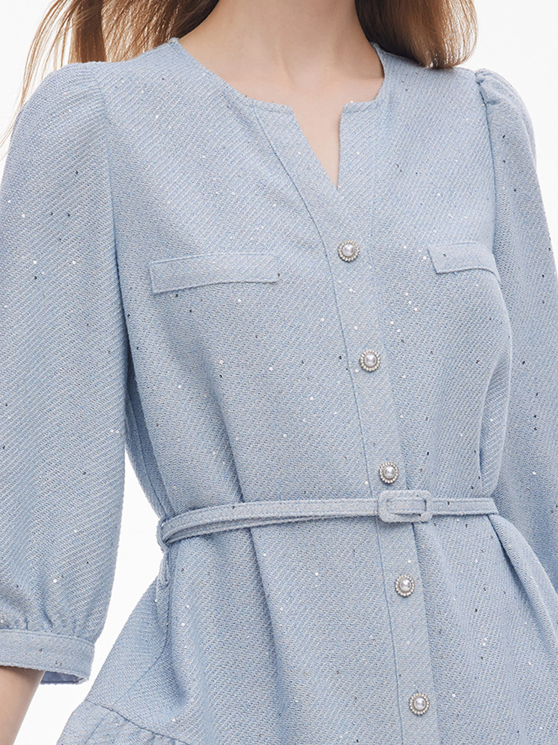 Acetate Blend Tweed Sequins Women Midi Dress With Belt - Image 6