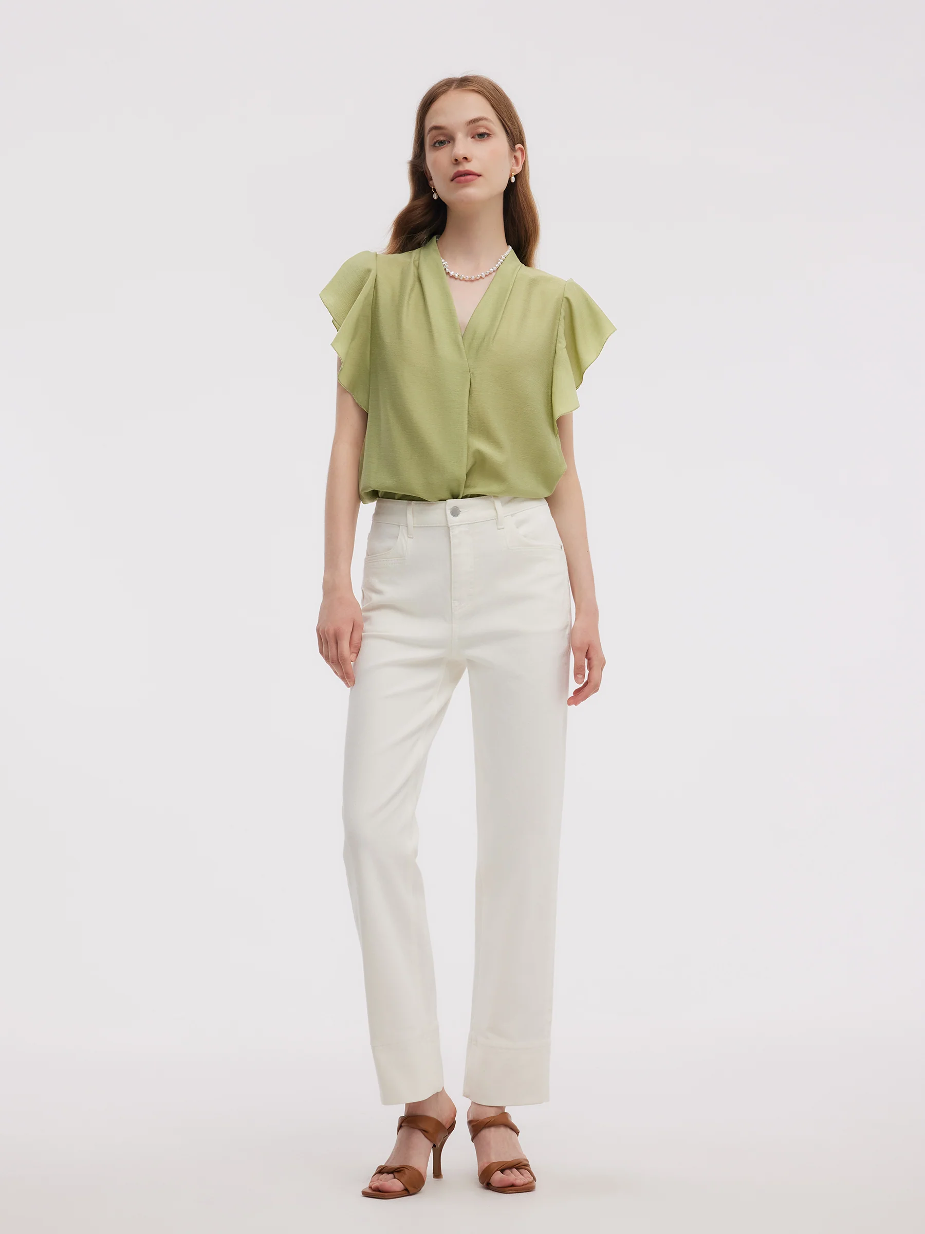 Acetate Blend V-Neck Women Ruffle Sleeve Blouse - Image 3