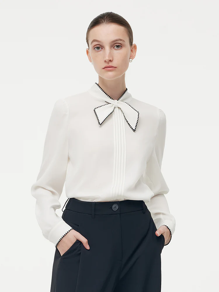 Acetate Contrast Bow Pleat Front Women Shirt