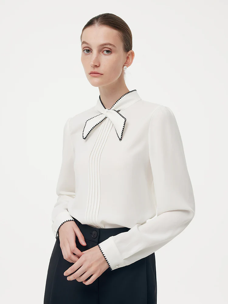 Acetate Contrast Bow Pleat Front Women Shirt - Image 5