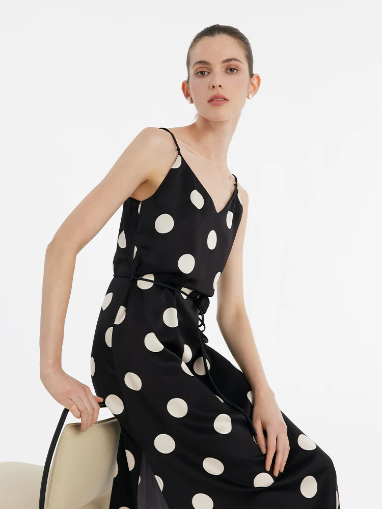 Acetate Polka Dots Print Spaghetti Strap Women Midi Dress With Rose Belt - Image 4