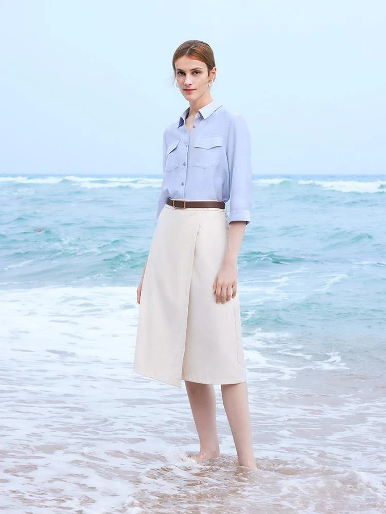 Acetate Shirt And Half Women Skirt Two-Piece Set With Leather Belt - Image 2