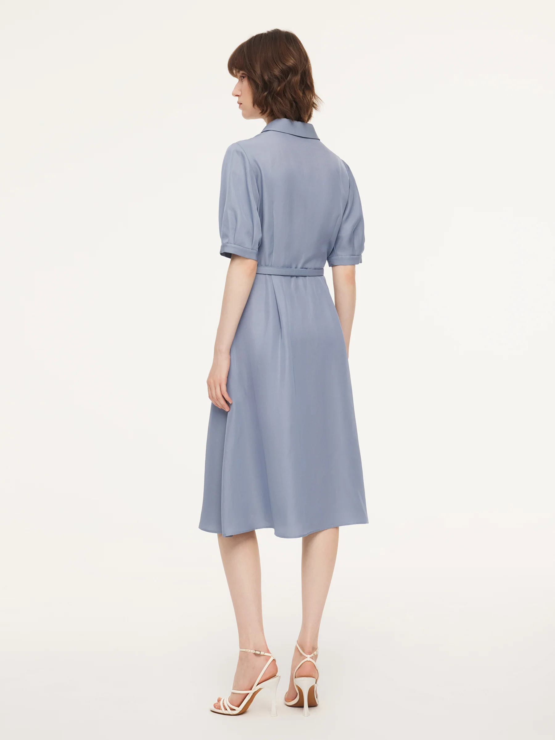 Acetate Tencel Linen Blend Women Midi Dress With Silk Scarf And Belt - Image 3