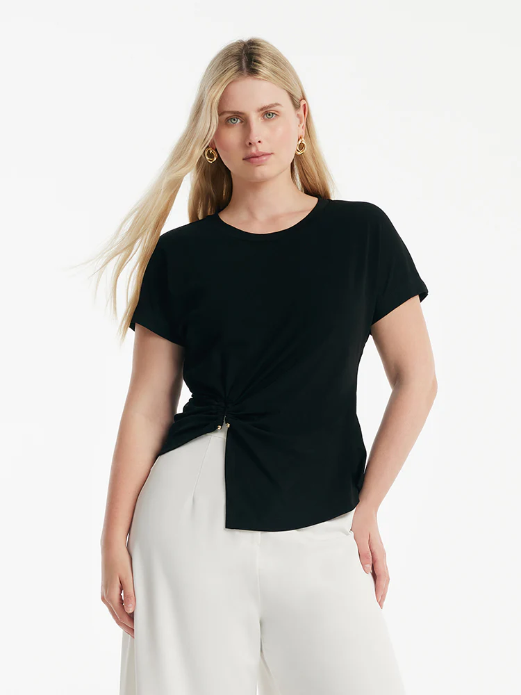 Acetate Waist Twist Asymmetric Hem Women Knit Top - Image 11