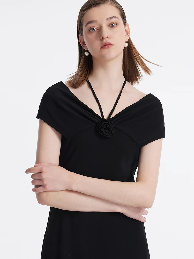 Acetate Women Midi Dress With 3D Rose And Halter String - Image 8