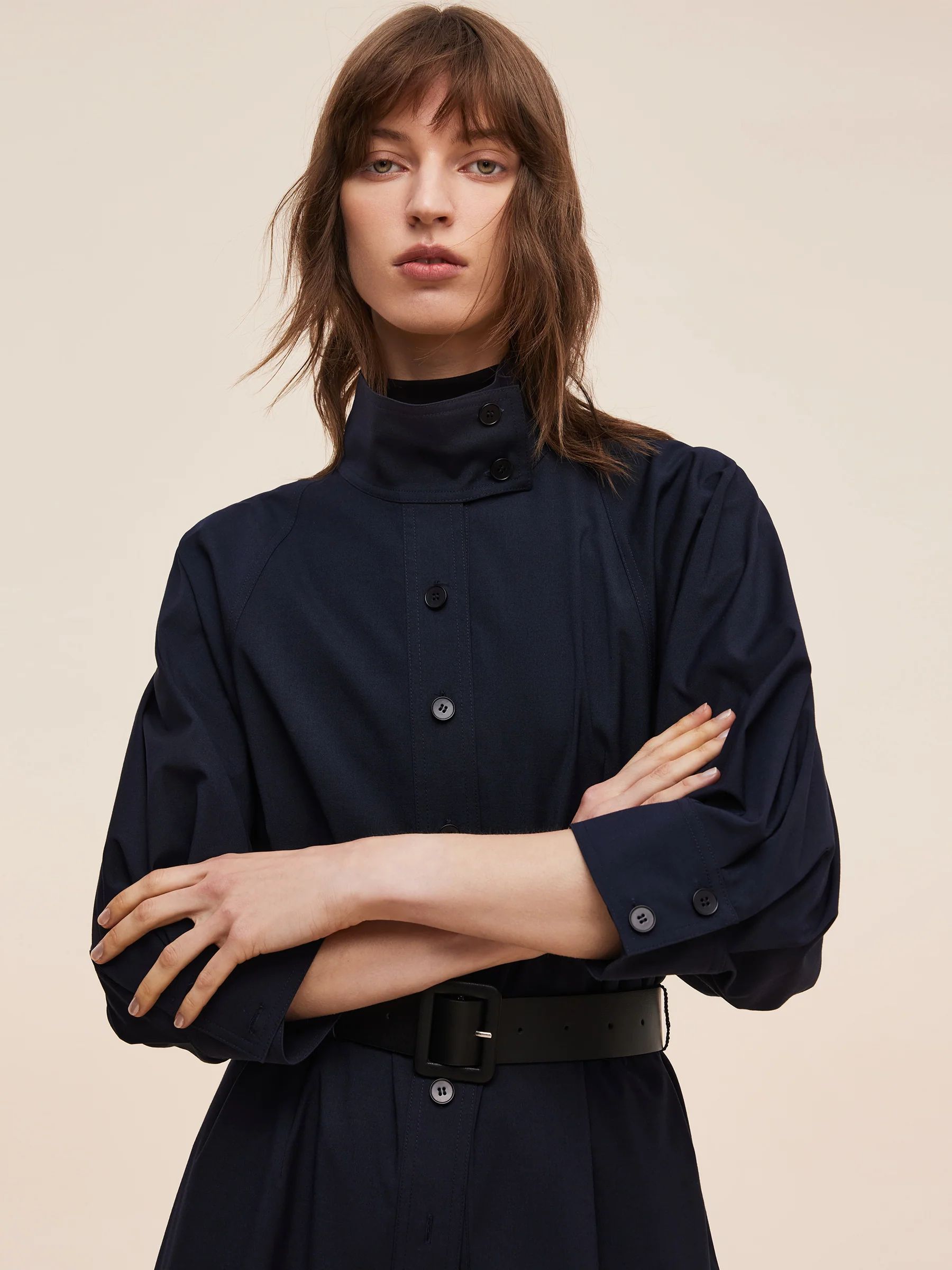 Adjustable Collar Women Trench Coat With Leather Belt - Image 6