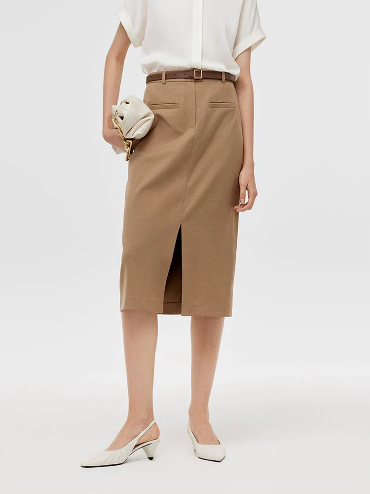 Basic Straight Slit Women Skirt With Belt - Image 4