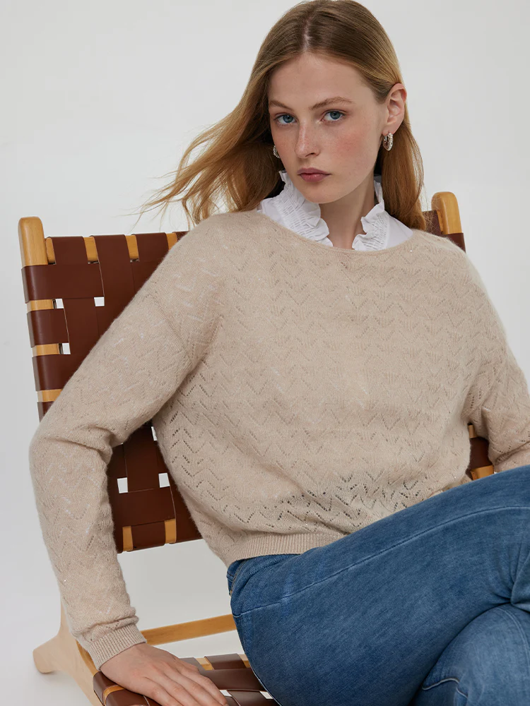 Beige Cashmere Sequins Women Sweater - Image 5
