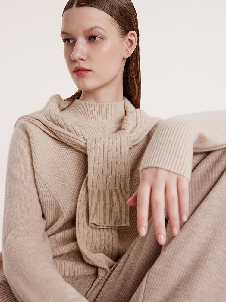 Beige Pure Cashmere Mock Neck Women Sweater - Image 7