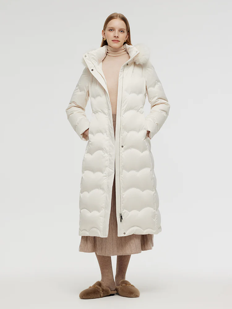 Belted Long Goose Down Coat With Detachable Faux Fur Hood - Image 2