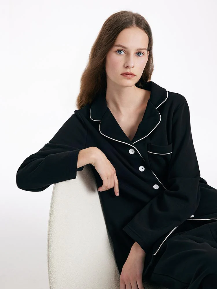 Black Long Sleeves And Pants Lapel Pajamas Two-Piece Set - Image 5