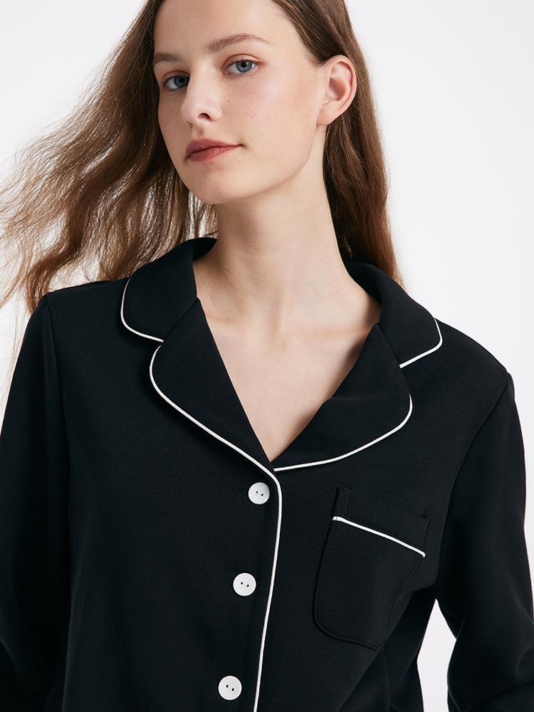 Black Long Sleeves And Pants Lapel Pajamas Two-Piece Set - Image 6