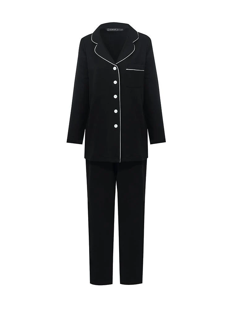 Black Long Sleeves And Pants Lapel Pajamas Two-Piece Set - Image 7