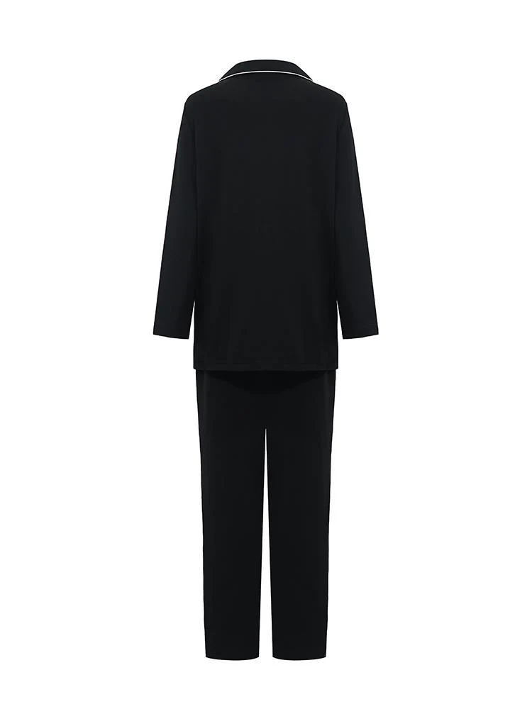 Black Long Sleeves And Pants Lapel Pajamas Two-Piece Set - Image 8