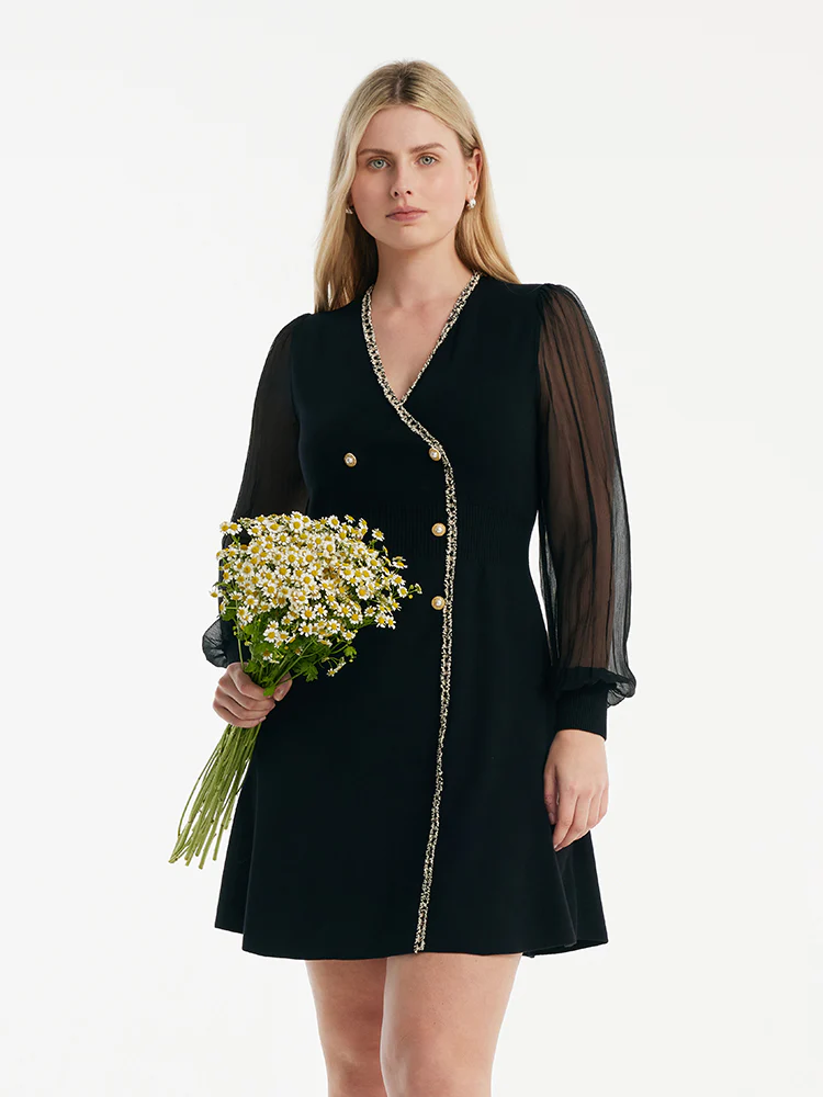 Tulle Sleeve V-Neck Double-Breasted Mini Dress - Image 10
