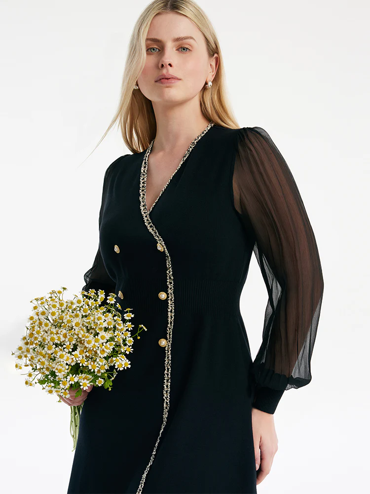 Tulle Sleeve V-Neck Double-Breasted Mini Dress - Image 11