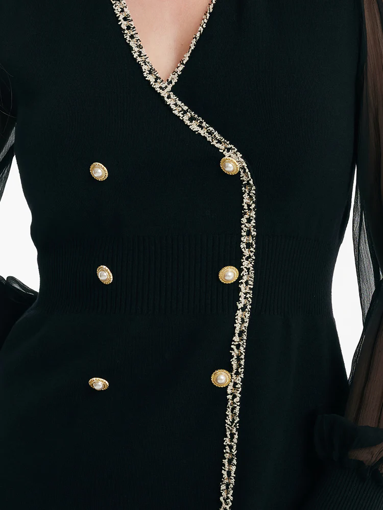 Tulle Sleeve V-Neck Double-Breasted Mini Dress - Image 12