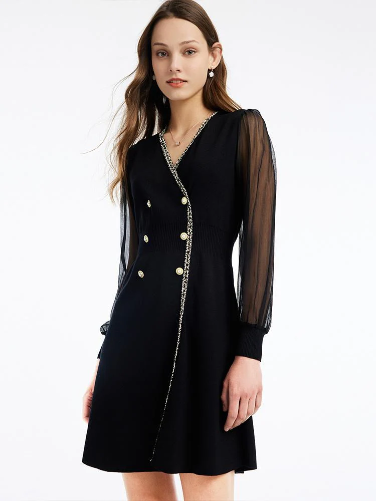 Tulle Sleeve V-Neck Double-Breasted Mini Dress - Image 4