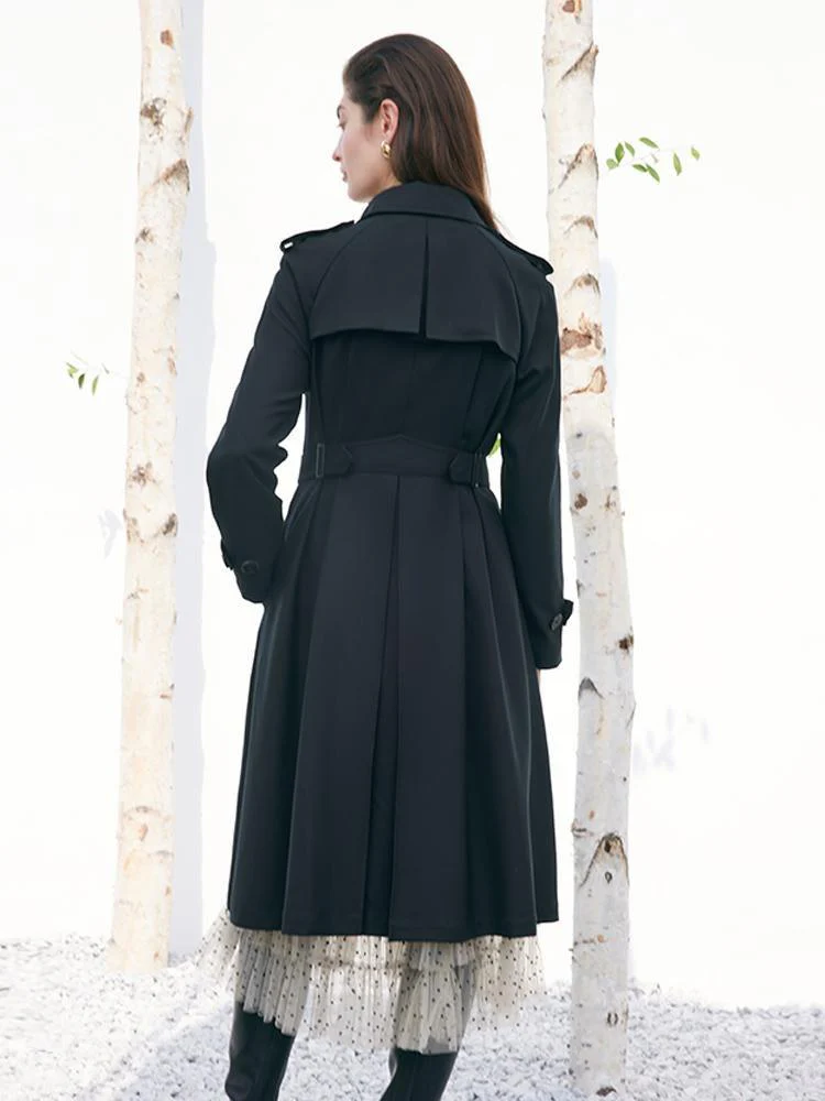 Worsted Woolen Gathered Waist Women Trench Coat - Image 4