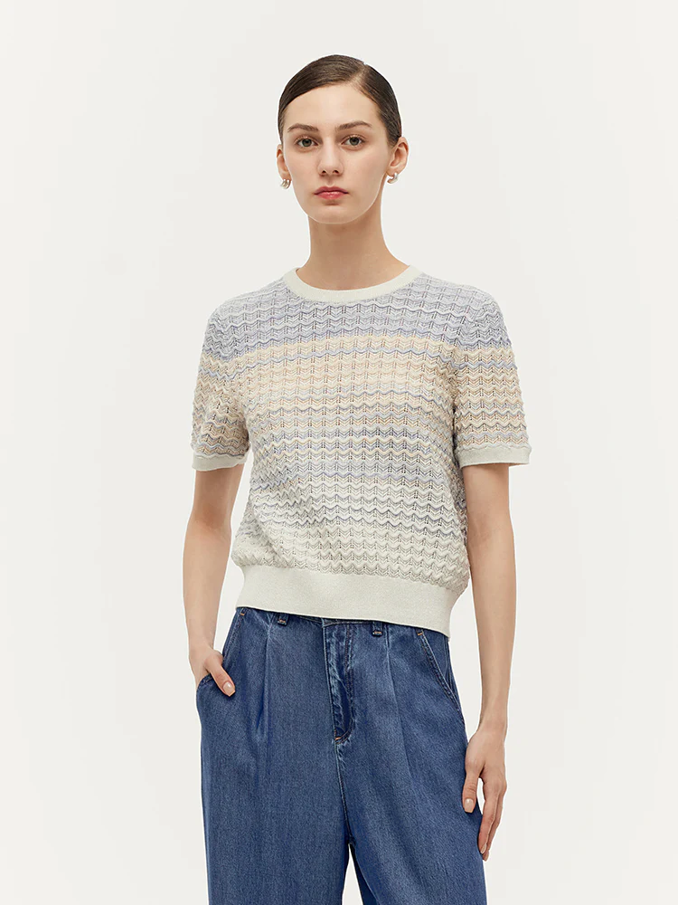 Blue And White Gradient Stripe Women Knit Top