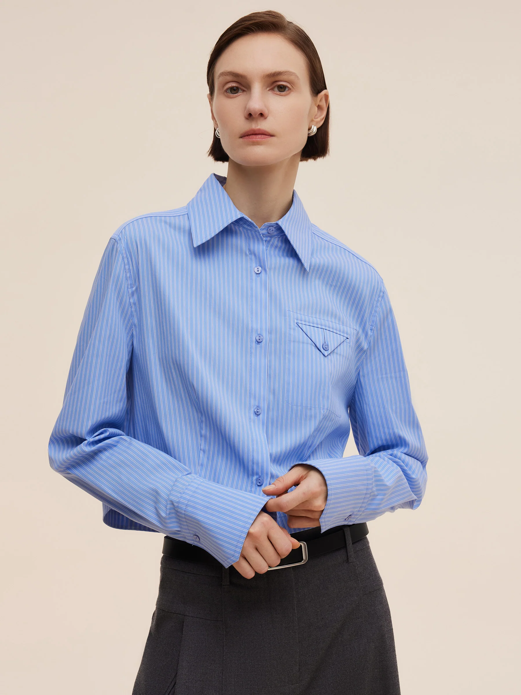 Blue And White Stripe Women Long Sleeve Shirt - Image 5
