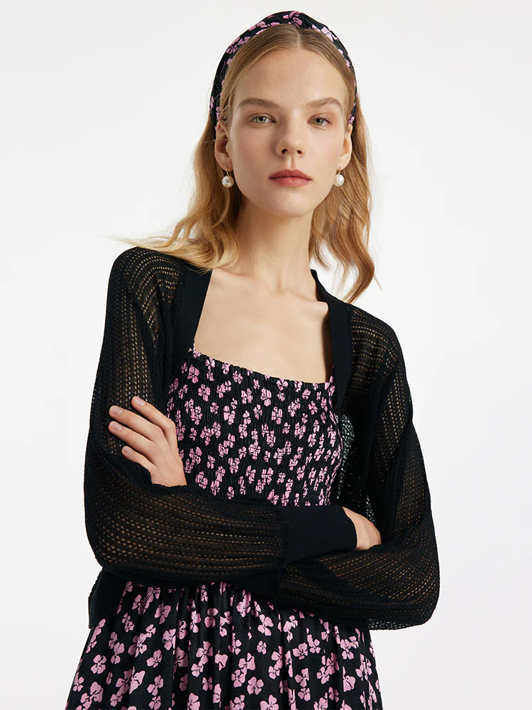 Bowknot Print Spaghetti Strap Maxi Dress And Knitted Cardigan Two-Piece Set With Scrunchie - Image 7
