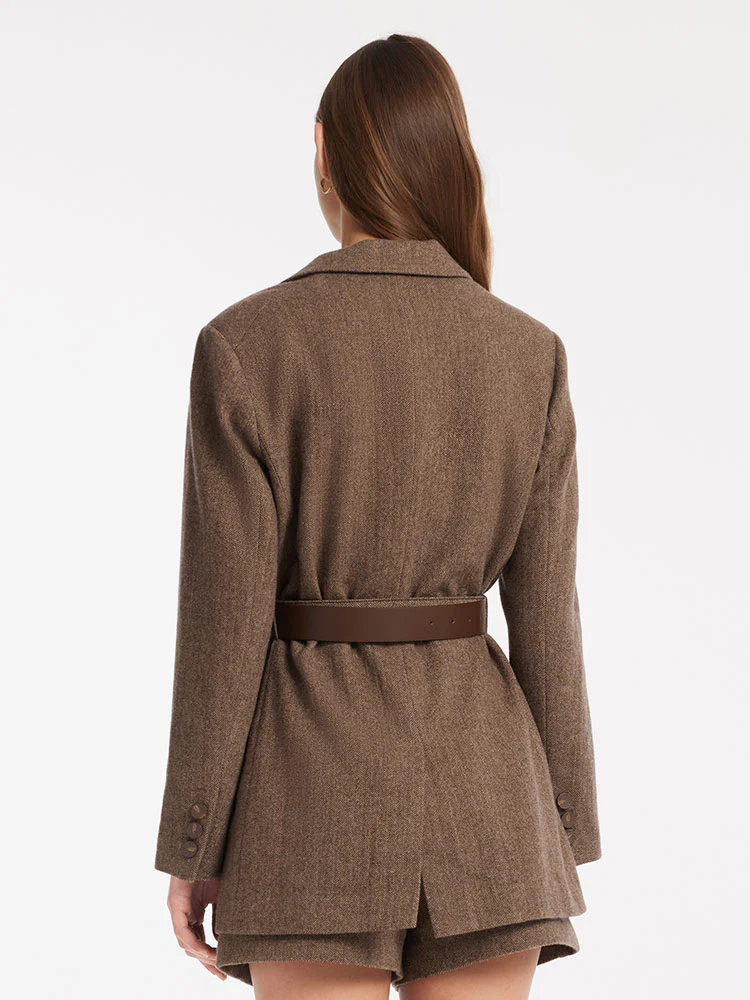 Brown Washable Woolen Sheath Gathered Waist Blazer - Image 3