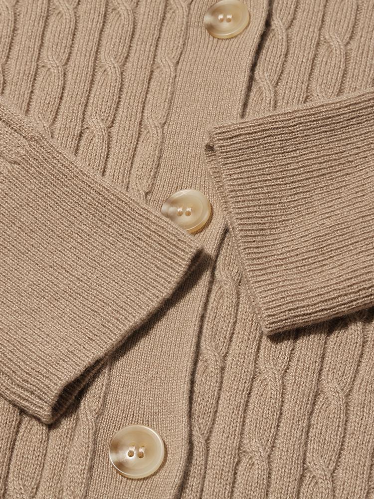 Camel Pure Cashmere V-Neck Cable Knit Women Cardigan - Image 11
