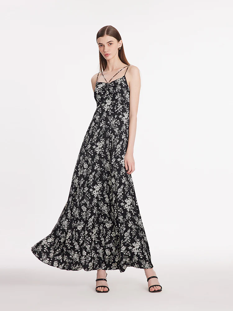 Camellia Print Spaghetti Strap Women Maxi Dress - Image 4