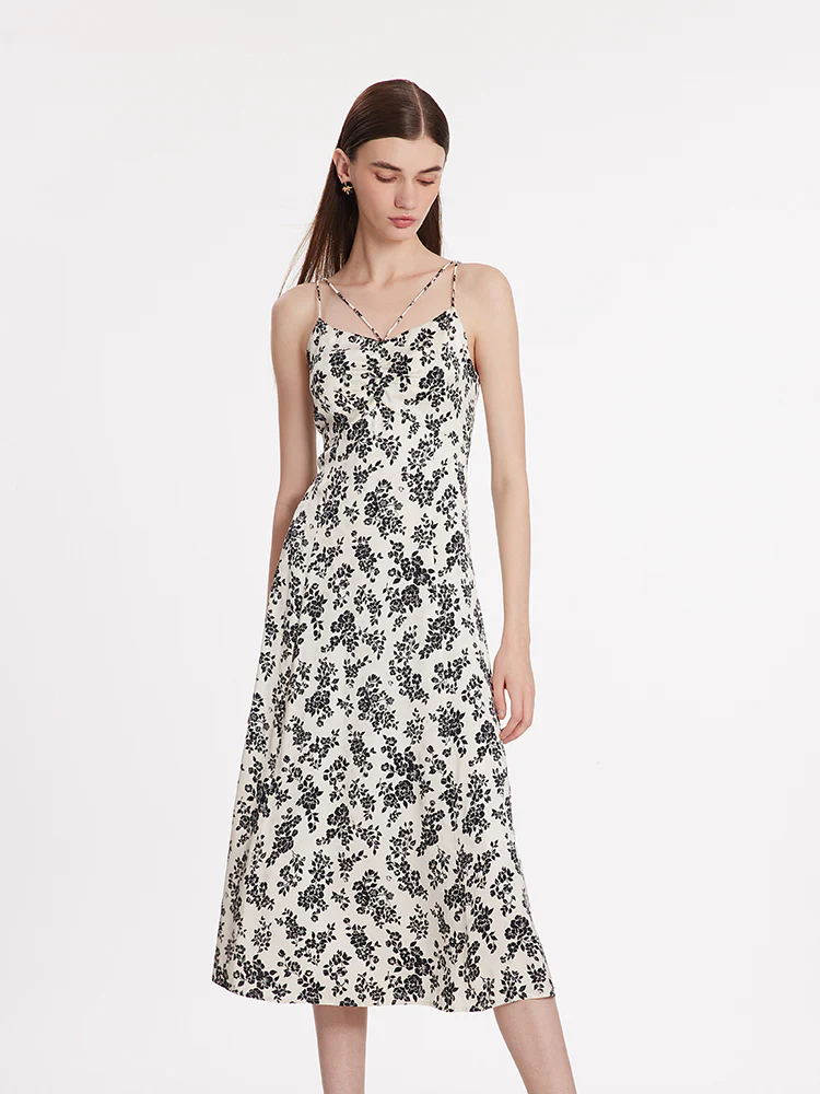 Camellia Print Spaghetti Strap Women Midi Dress - Image 7