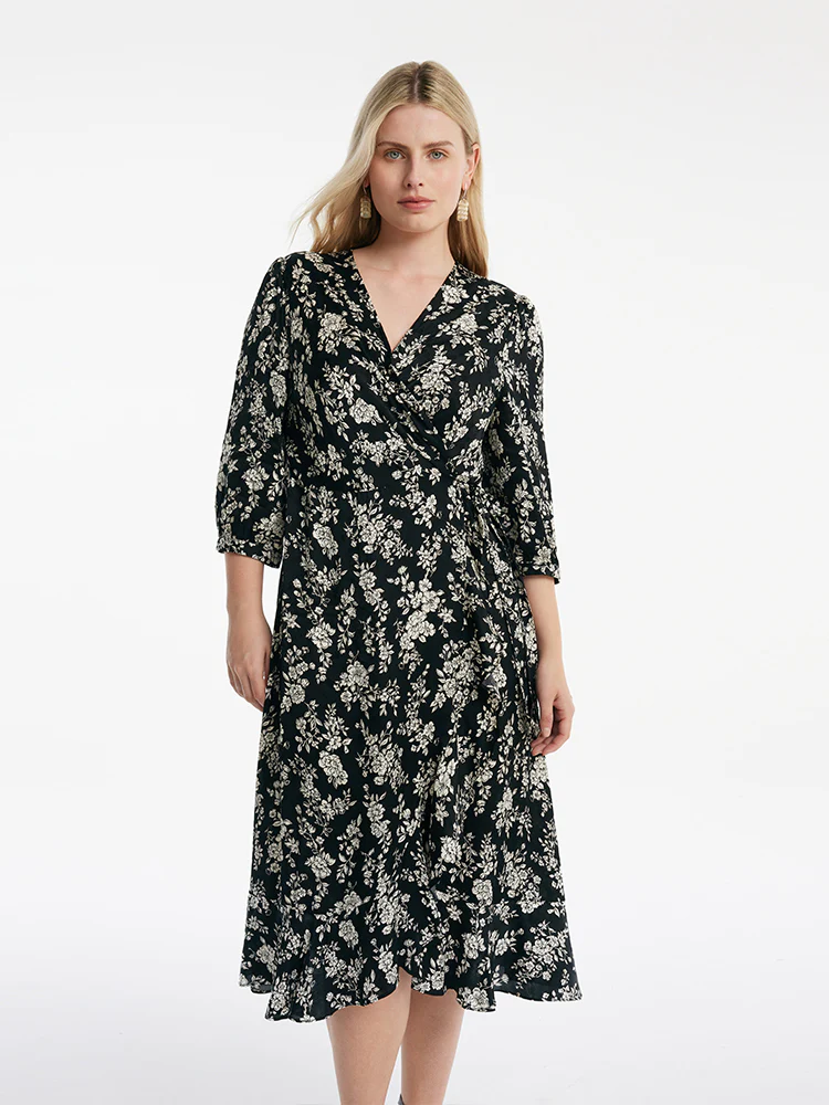 Camellia Print V-Neck Ruffle Hem Women Midi Wrap Dress - Image 10