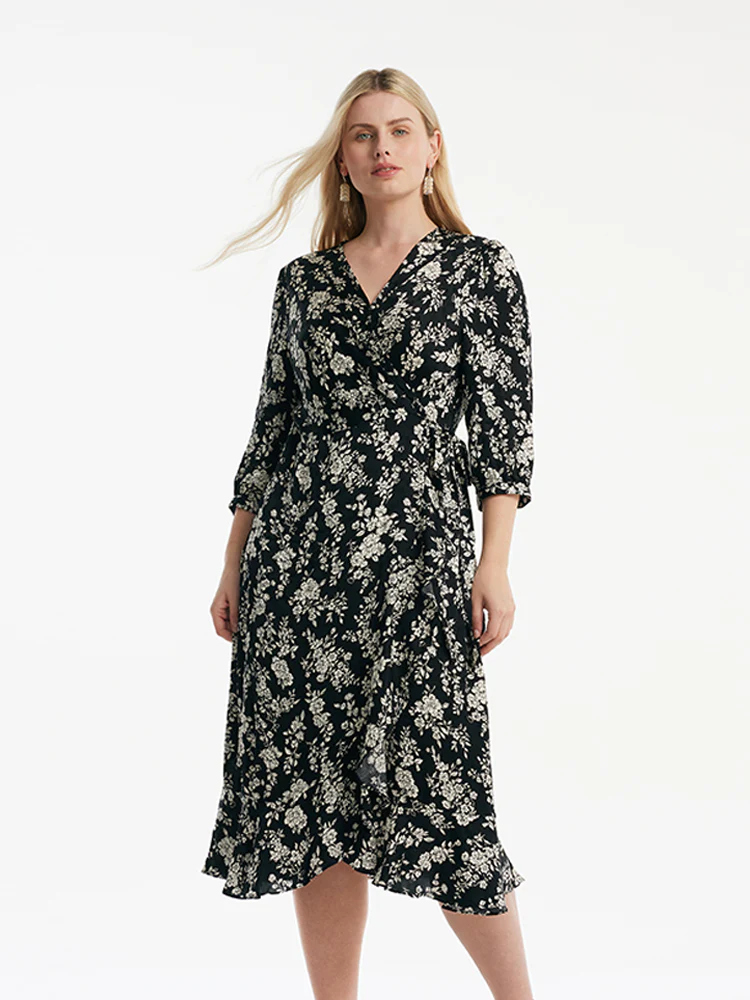 Camellia Print V-Neck Ruffle Hem Women Midi Wrap Dress - Image 11