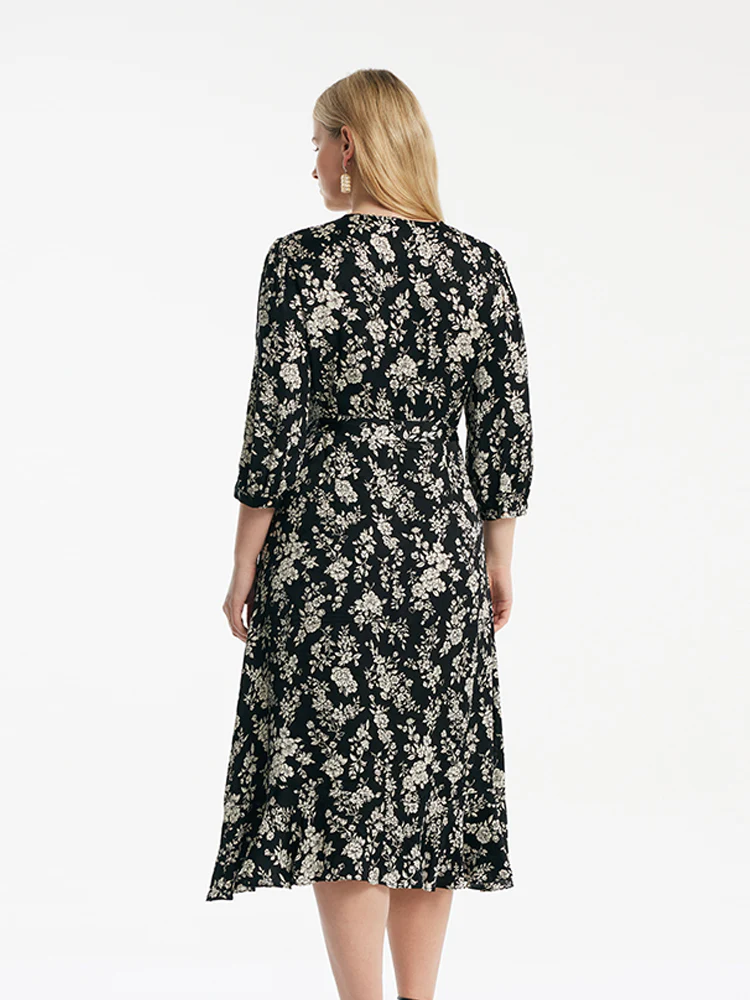 Camellia Print V-Neck Ruffle Hem Women Midi Wrap Dress - Image 13