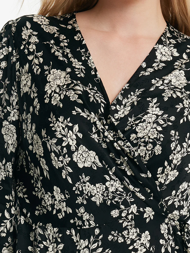 Camellia Print V-Neck Ruffle Hem Women Midi Wrap Dress - Image 14