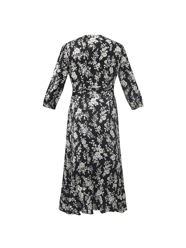 Camellia Print V-Neck Ruffle Hem Women Midi Wrap Dress - Image 16