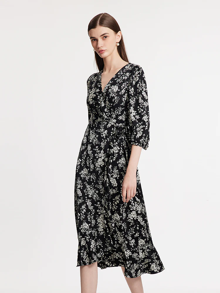 Camellia Print V-Neck Ruffle Hem Women Midi Wrap Dress - Image 3