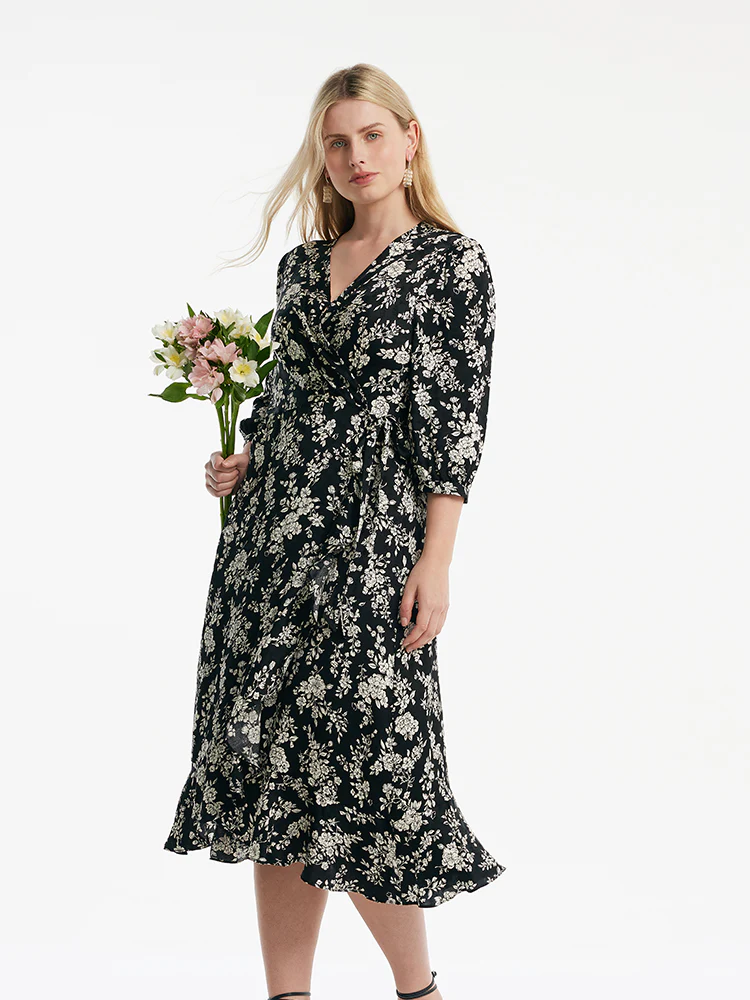 Camellia Print V-Neck Ruffle Hem Women Midi Wrap Dress - Image 8