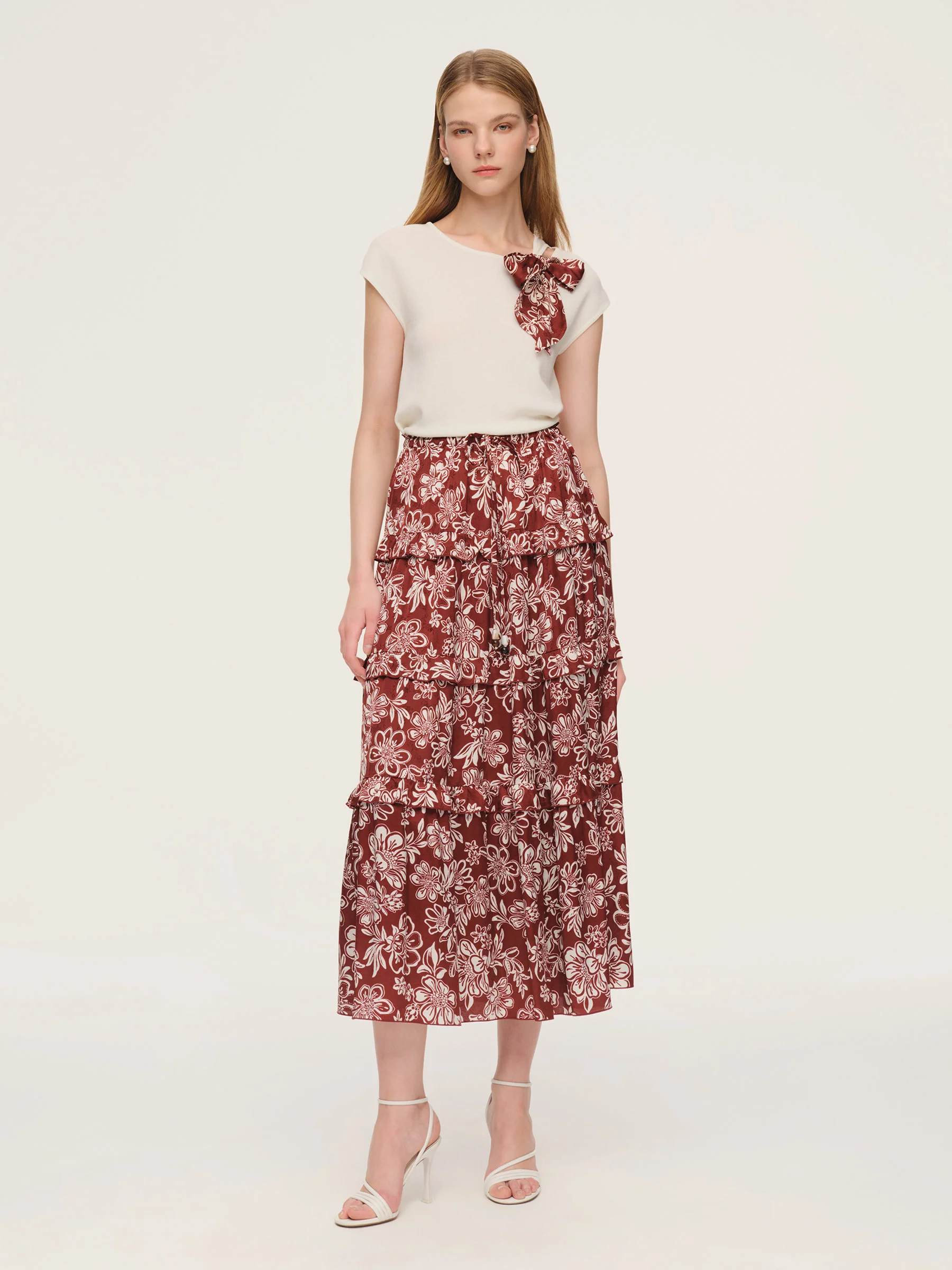 Cap Sleeve Knit Top And Marigold Floral Print Tiered Skirt Two-Piece Set With Silky Scarf
