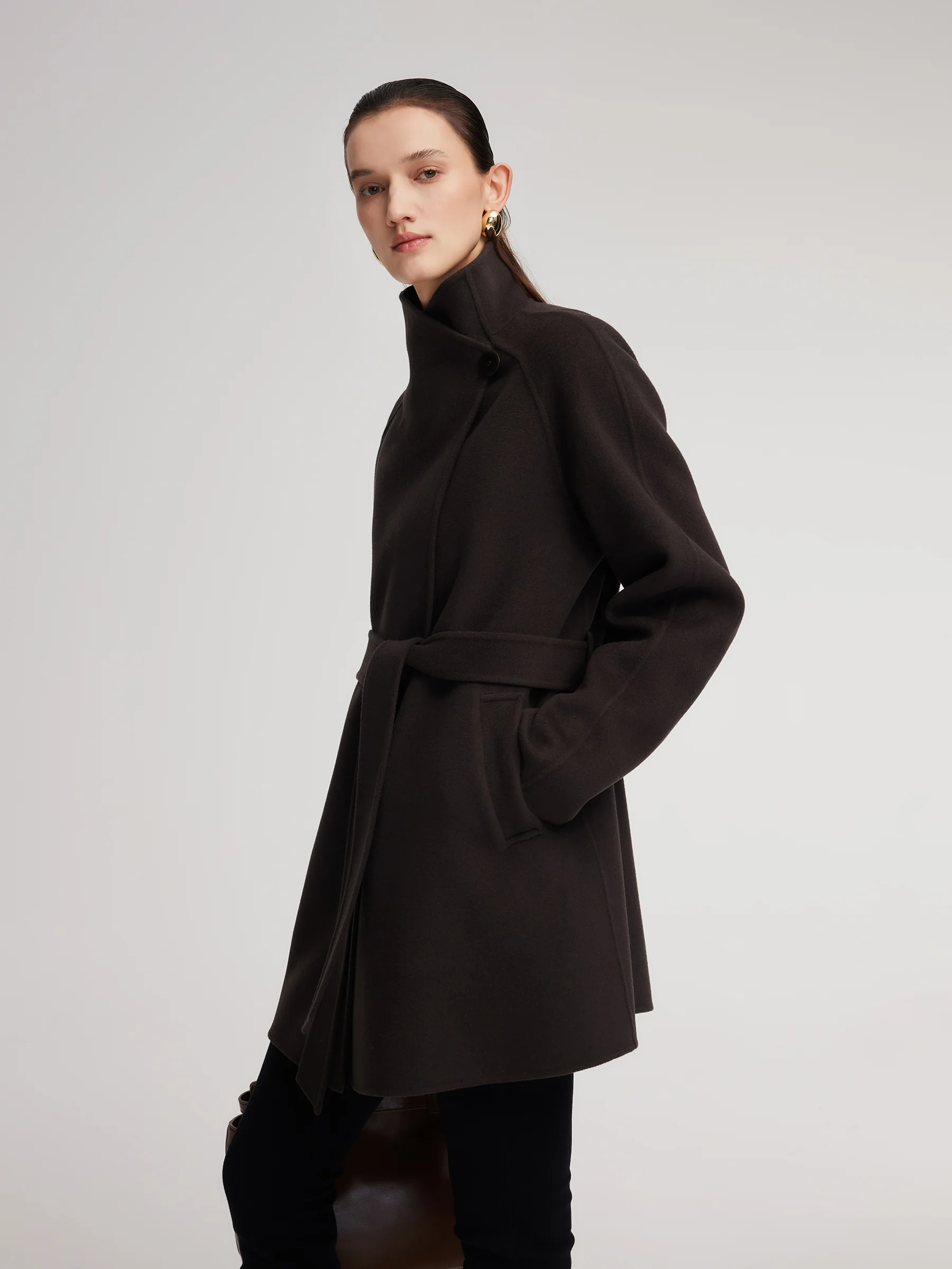 Cashmere Wool Blend Convertible Collar Women Wrap Coat - Image 5