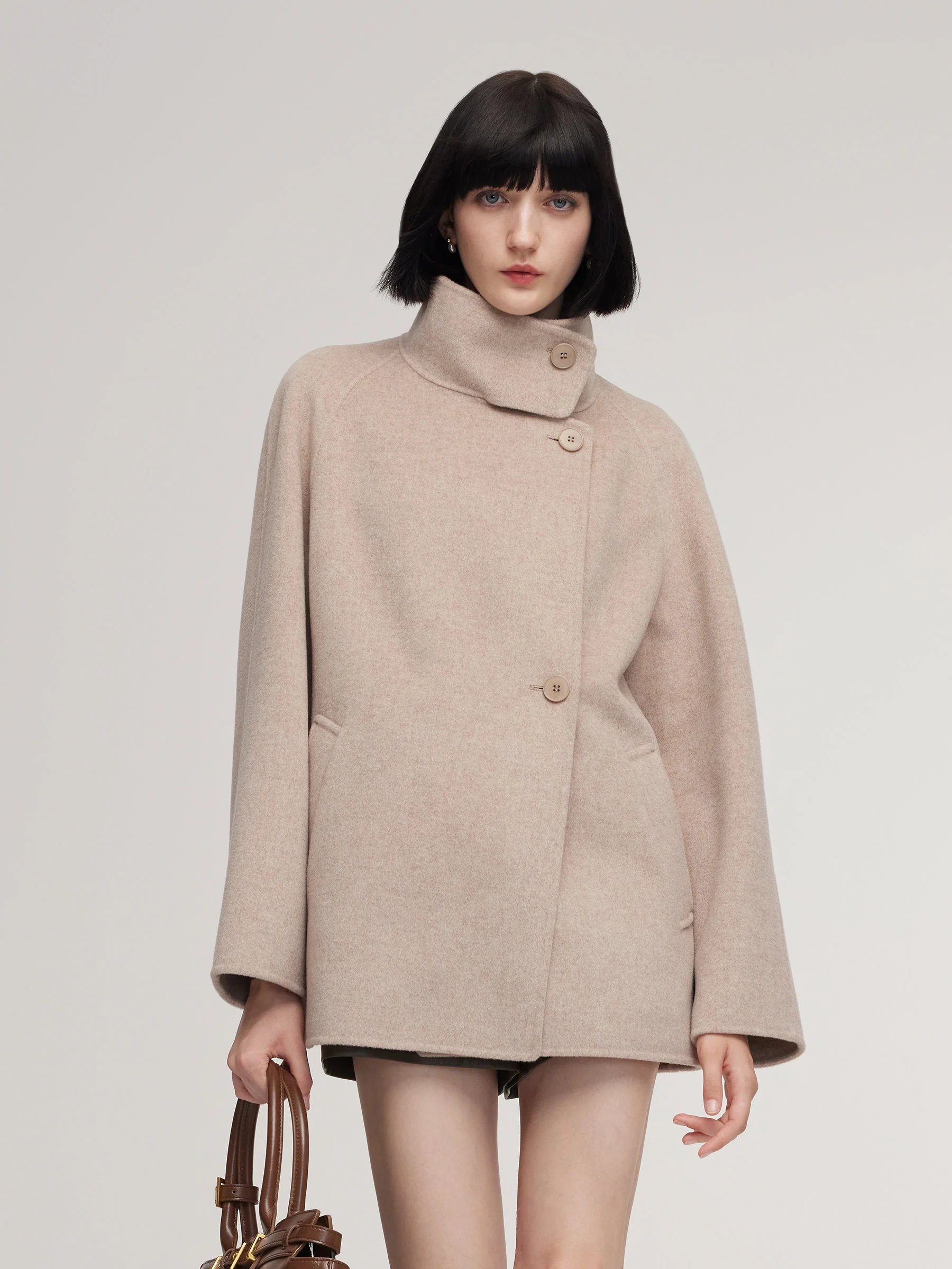 Cashmere Wool Blend Funnel Neck Women Coat