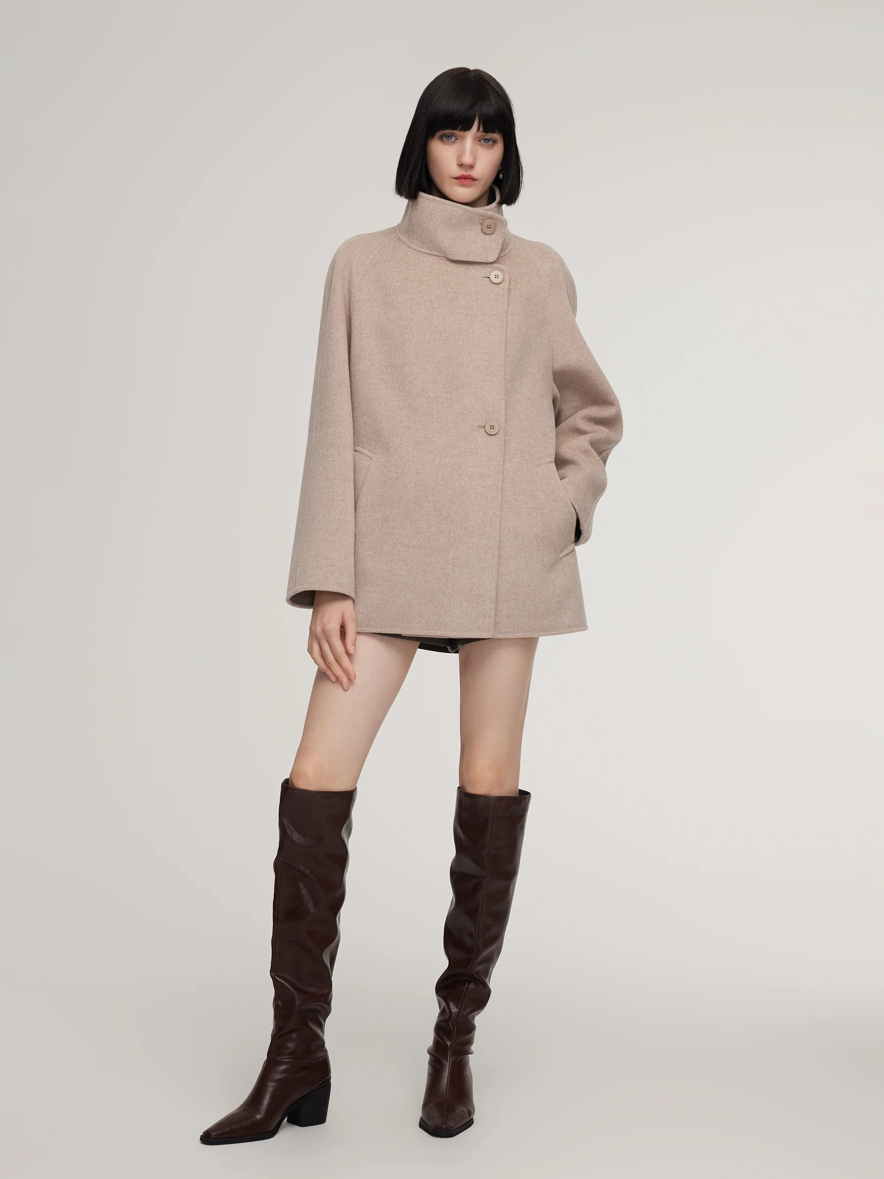 Cashmere Wool Blend Funnel Neck Women Coat - Image 2