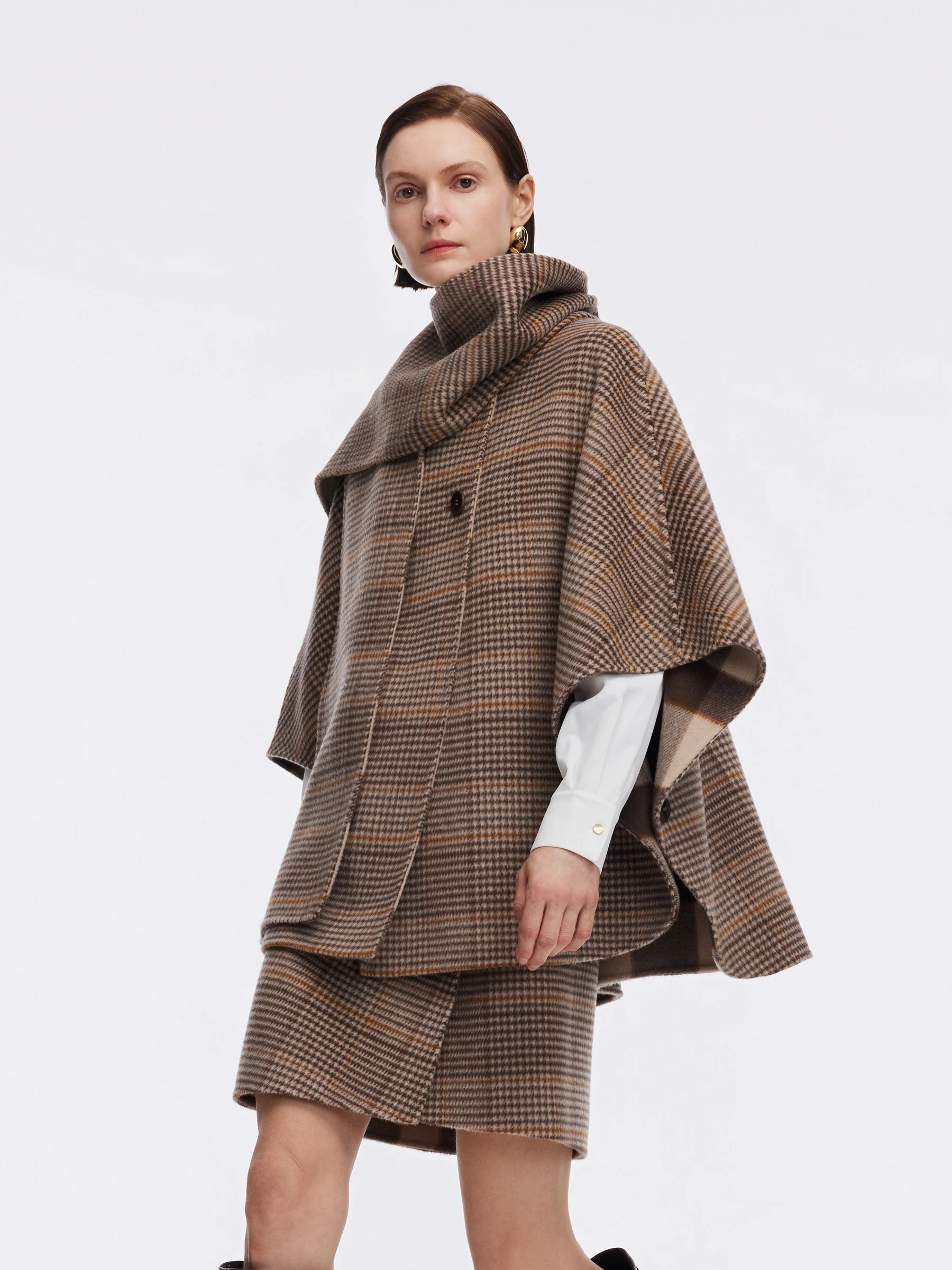 Cashmere Wool Plaid Double-Faced Reversible Women Cape Coat With Scarf - Image 5