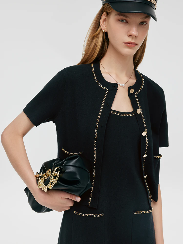 Chain Trim Knitted Jacket And Vest Dress Two-Piece Set - Image 6