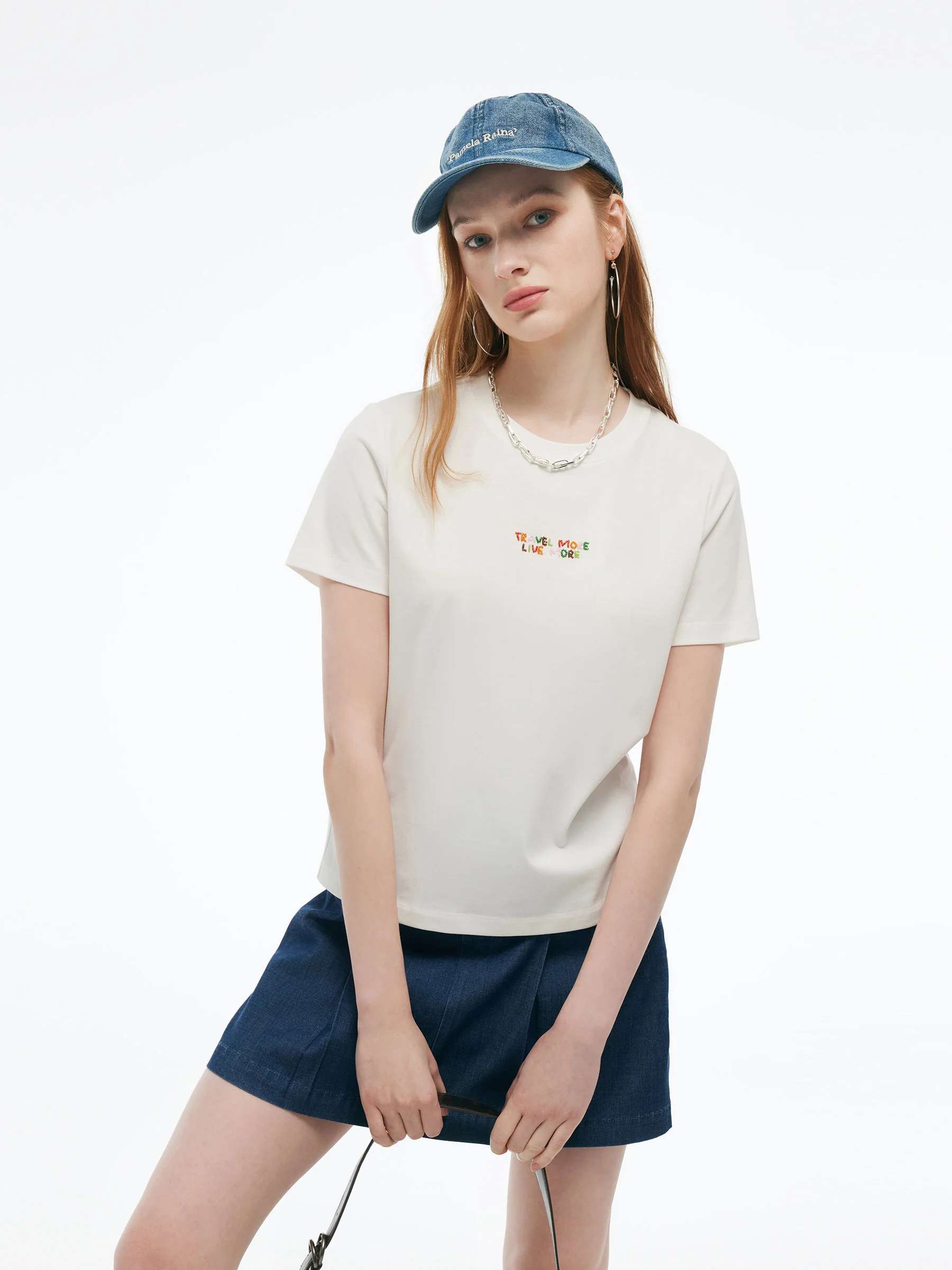 Colorful Bead Letter Women Round Neck Knit T-Shirt