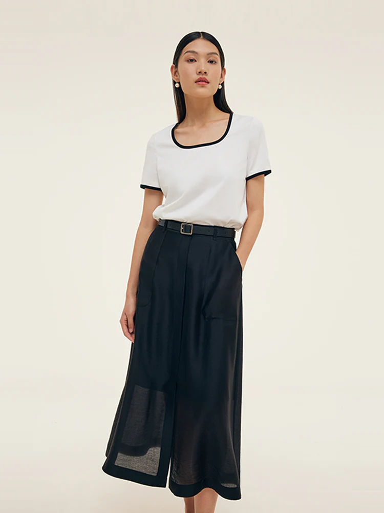 Contrast Trim Knit Top And Skirt Two-Piece Set With Belt - Image 4