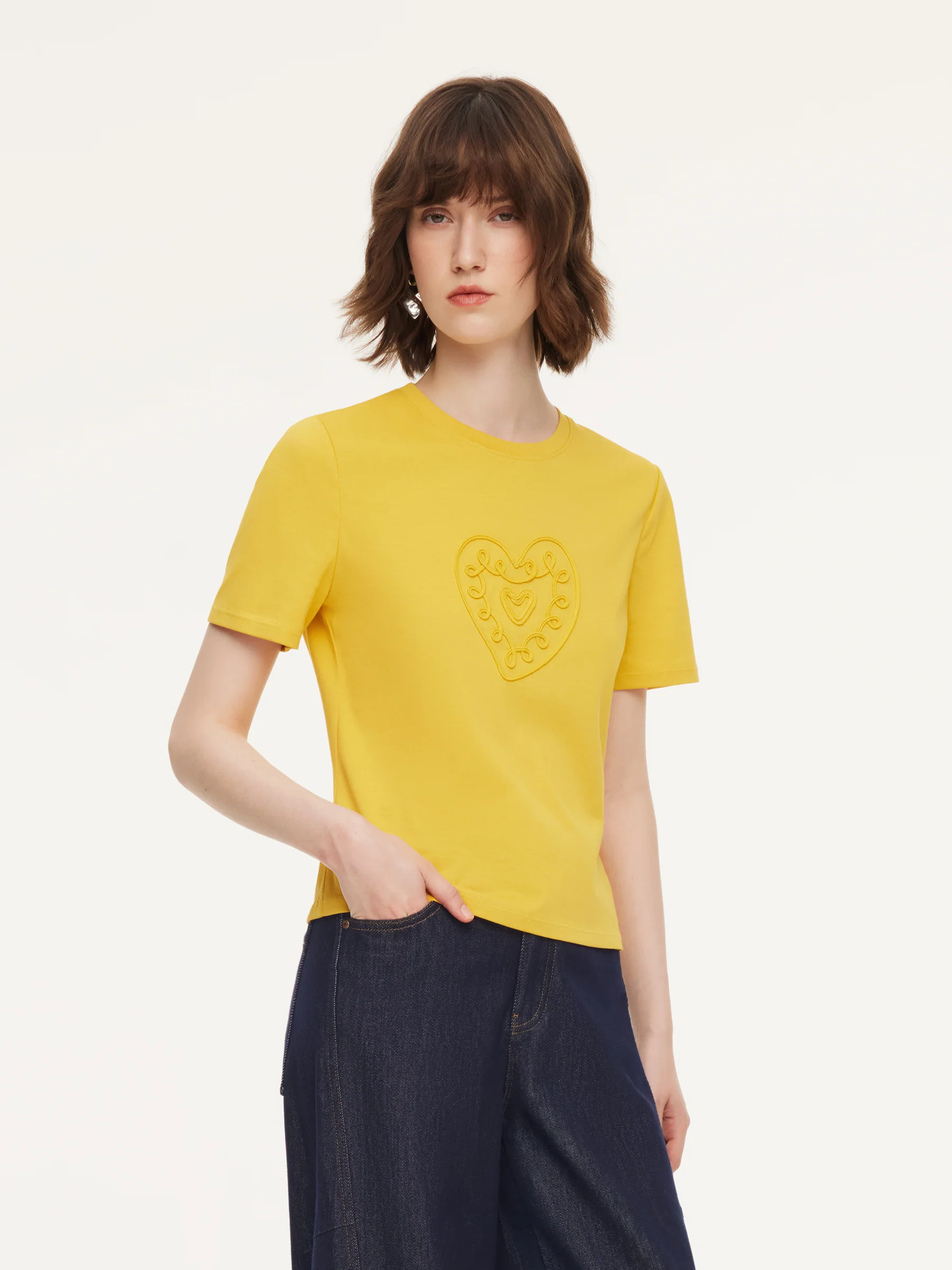 Cotton Blend Round Neck Tape Embroidered Women T-Shirt - Image 25